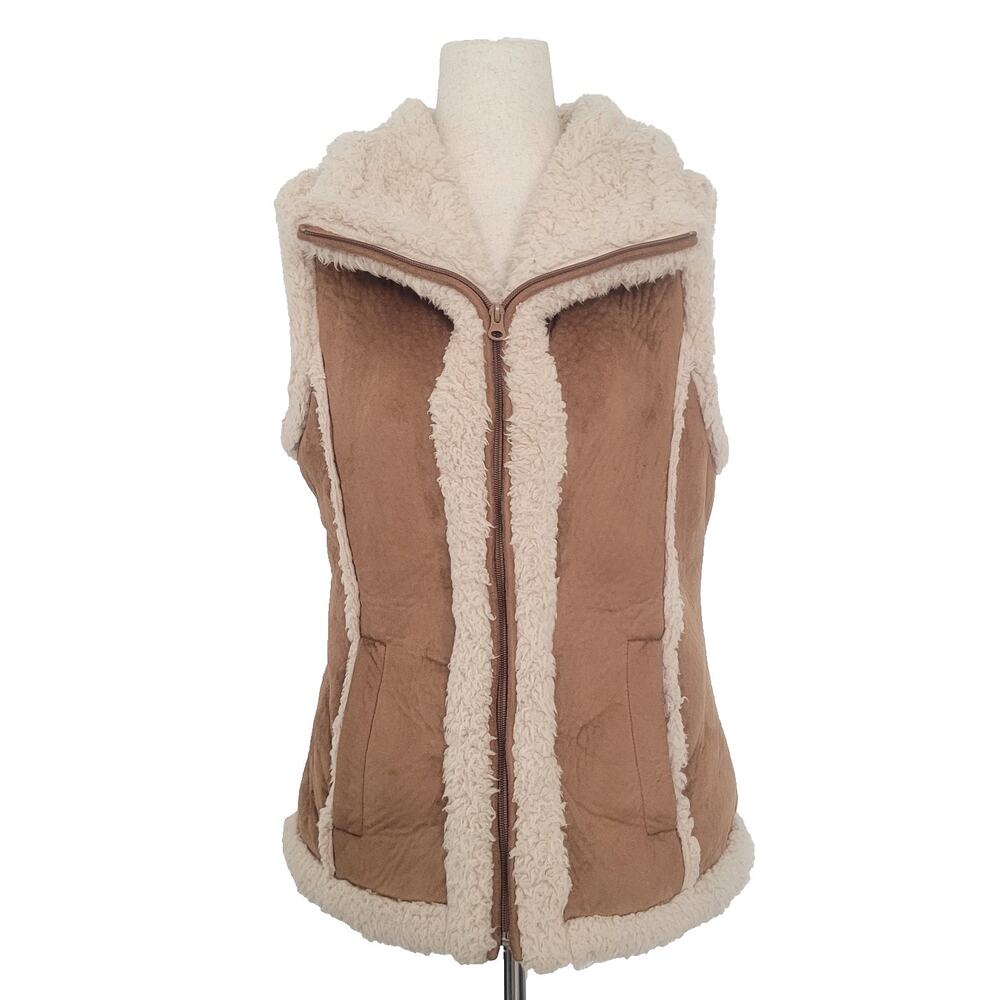 Vintage Y2k Dressbarn Sherpa Suede Vest Size PM Brown Boho Chic Cowgirl Western